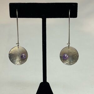 EUC: dangling earrings with silver disk & purple stone